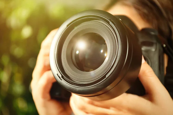 Photographer Professional Camera Blurred Background Closeup — 图库照片