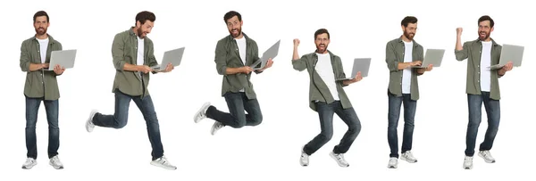 Collage Met Foto Van Mens Met Moderne Laptops Een Witte — Stockfoto