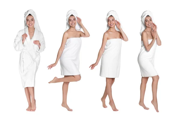 Collage Met Foto Van Mooie Jonge Vrouw Met Handdoeken Witte — Stockfoto