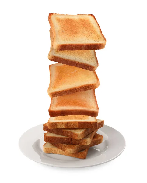 Delicioso Pan Tostado Cayendo Plato Sobre Fondo Blanco — Foto de Stock