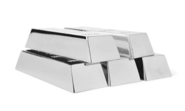 Stack of shining silver bars isolated on white