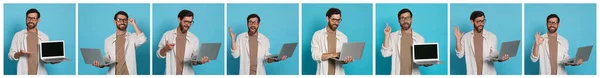 Kolaż Zdjęciami Człowieka Trzymającego Nowoczesne Laptopy Jasnoniebieskim Tle Projekt Banera — Zdjęcie stockowe