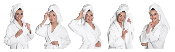 Collage Photos Beautiful Young Woman Towels White Background Banner Design — Stock Photo, Image