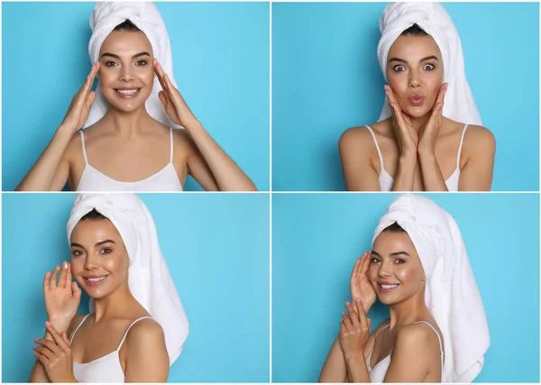 Collage Photos Beautiful Young Woman Towels Light Blue Background — Stock Photo, Image