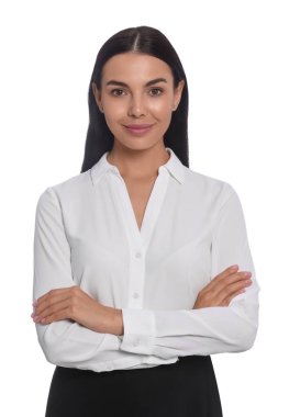 Portrait of hostess in uniform on white background