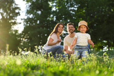 Mutlu şirin aile güneşli bir günde parkta oynuyor.