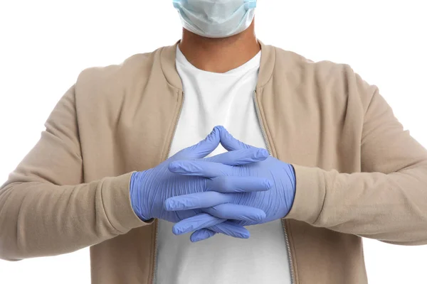 Man Wearing Protective Face Mask Medical Gloves White Background Closeup — Stock Fotó