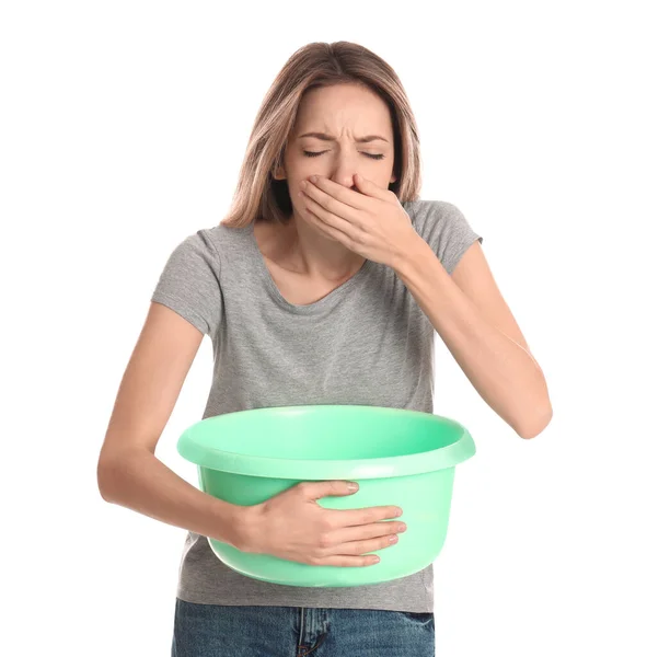 Žena Umyvadlem Trpící Nevolností Bílém Pozadí Otrava Jídlem — Stock fotografie