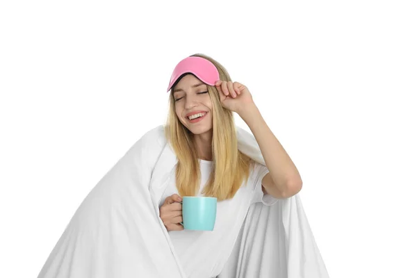 Glückliche Frau Schlafmaske Umhüllt Von Einer Decke Die Eine Tasse — Stockfoto
