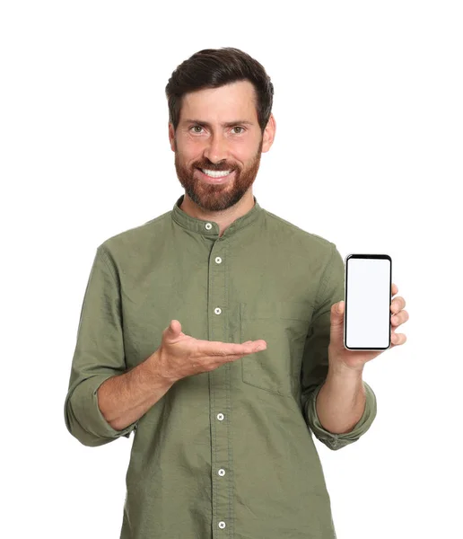 Ευτυχισμένος Άνθρωπος Τηλέφωνο Λευκό Φόντο — Φωτογραφία Αρχείου