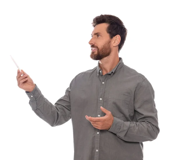 Handsome Man Gesturing White Background Weather Forecast Reporter — Foto de Stock