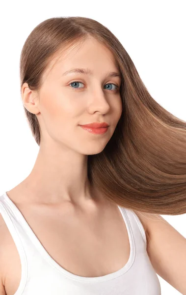 Menina Adolescente Com Cabelo Forte Saudável Fundo Branco — Fotografia de Stock