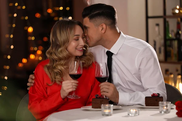 Lovely Couple Having Romantic Dinner Valentine Day Restaurant — Stock Photo, Image