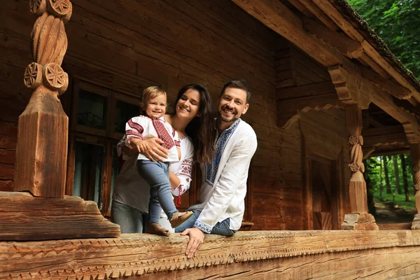Happy Family Ukrainian National Clothes Wooden Terrace — Fotografia de Stock
