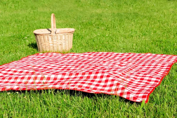 Nappe Carreaux Panier Pique Nique Sur Herbe Verte — Photo