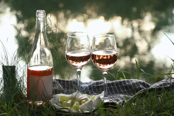 Delicious Rose Wine Cheese Grapes Picnic Blanket Lake — Stockfoto