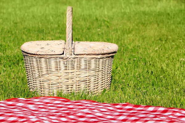 Picnic Basket Checkered Tablecloth Green Grass Outdoors — Photo