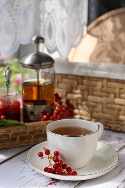 Cup Hot Drink Viburnum Berries White Wooden Table Indoors — 图库照片