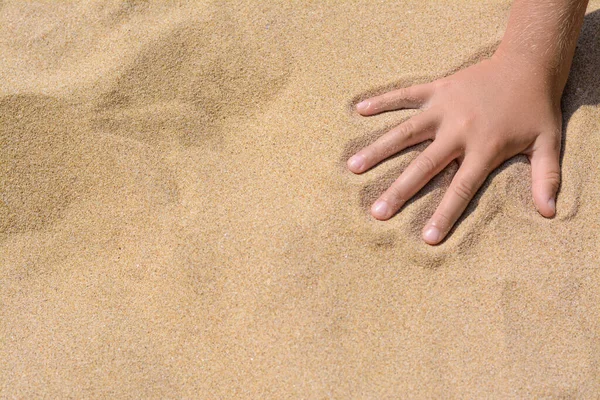 Child Leaving Handprint Sand Outdoors Closeup Space Text Fleeting Time — Fotografia de Stock
