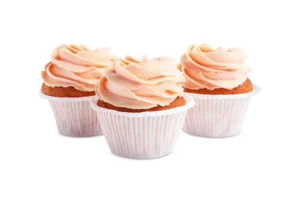 Sabrosos Cupcakes Con Crema Aislada Blanco — Foto de Stock