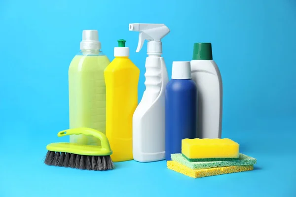 Cleaning Supplies Tools Light Blue Background — Stock Photo, Image