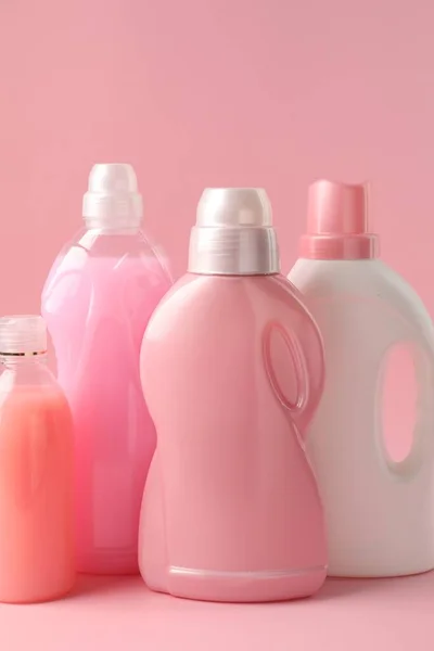 Bottles Laundry Detergents Pink Background — Fotografia de Stock