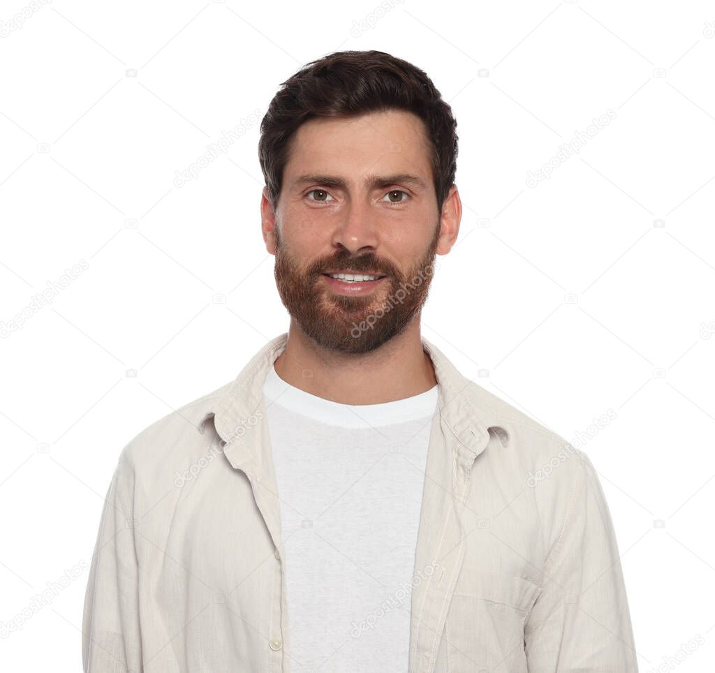Portrait of handsome bearded man on white background