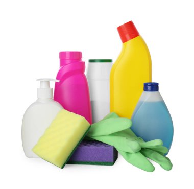 Set of different cleaning supplies and tools on white background