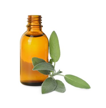 Beyaz üzerine izole edilmiş bir şişe gerekli yağ ve adaçayı.