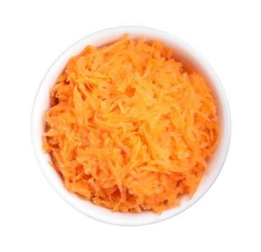 Fresh grated carrot in bowl isolated on white, top view