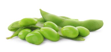 Fresh green edamame pods and beans on white background