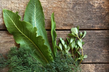 Tahta masanın üzerinde farklı otlar, düz yataklar.