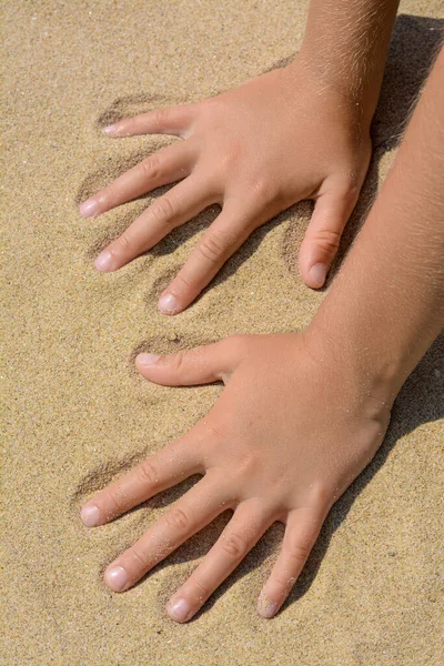 Child Leaving Handprints Sand Outdoors Closeup Fleeting Time Concept — Fotografia de Stock