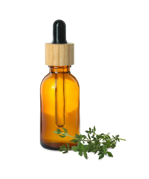 Bottle Essential Oil Thyme Isolated White — Stock Photo, Image