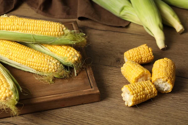 Tasty Sweet Corn Cobs Wooden Table — Stock Photo, Image