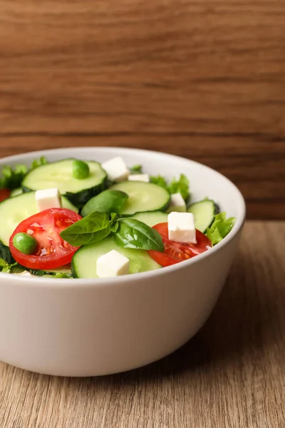 Tasty Fresh Salad Cucumber Bowl Wooden Table Closeup — 스톡 사진