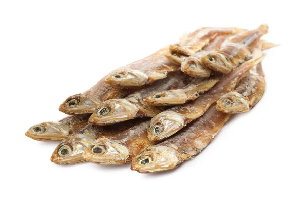 Deliciosas Anchovas Salgadas Secas Fundo Branco — Fotografia de Stock