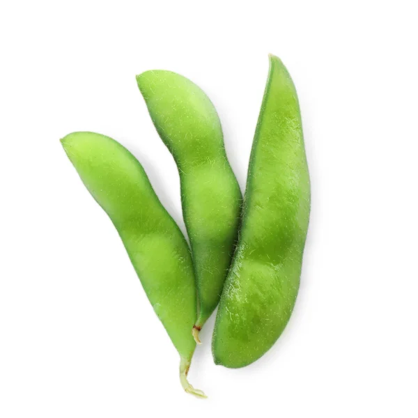 Raw Green Edamame Pods White Background Top View — ストック写真