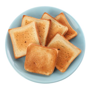 Plate with slices of delicious toasted bread on white background, top view