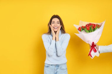 Mutlu kadın sarı arka plandaki adamdan kırmızı lale buketi alıyor. 8 Mart kutlamaları