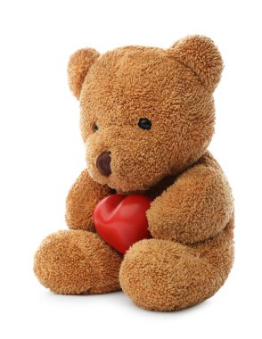 Cute teddy bear with red heart isolated on white. Valentine's day celebration