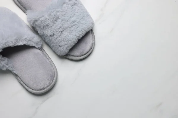 Pair Soft Slippers White Marble Floor Top View Closeup Space — Stock Photo, Image