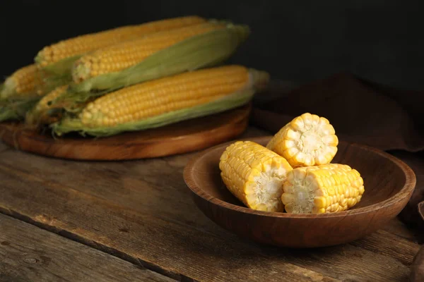 Tasty Sweet Corn Cobs Wooden Table Space Text — Stock Photo, Image