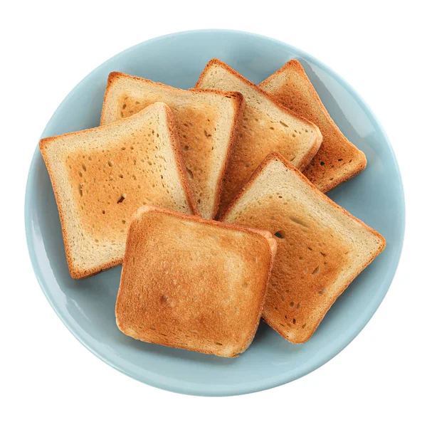 Plate Slices Delicious Toasted Bread White Background Top View —  Fotos de Stock
