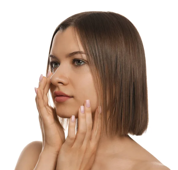 Young Woman Applying Cream Eyes White Background — Stok fotoğraf