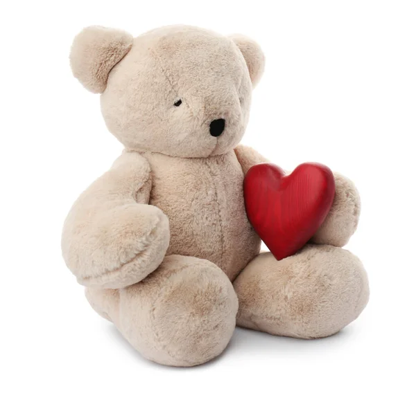 Cute Teddy Bear Red Heart Isolated White Valentine Day Celebration — Photo