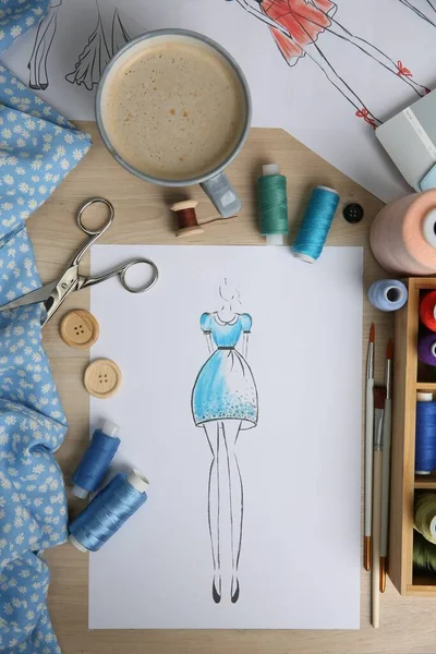 Sketch Fashion Dress Thread Supplies Designer Workplace Flat Lay — Fotografia de Stock