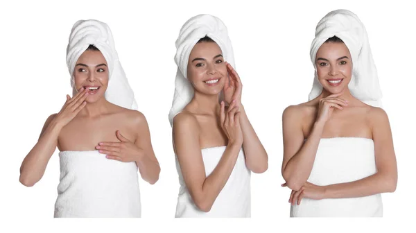 Collage Met Foto Van Mooie Jonge Vrouw Met Handdoeken Witte — Stockfoto