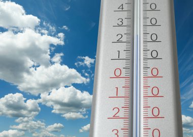 Hava durumu termometresi ve arka planda kabarık bulutlar olan güzel gökyüzü