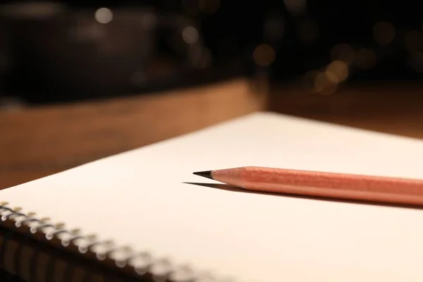 Blank Notebook Pencil Wooden Table Closeup —  Fotos de Stock